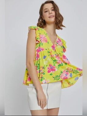 Miley & Molly Yellow Floral Flutter Sleeve Top